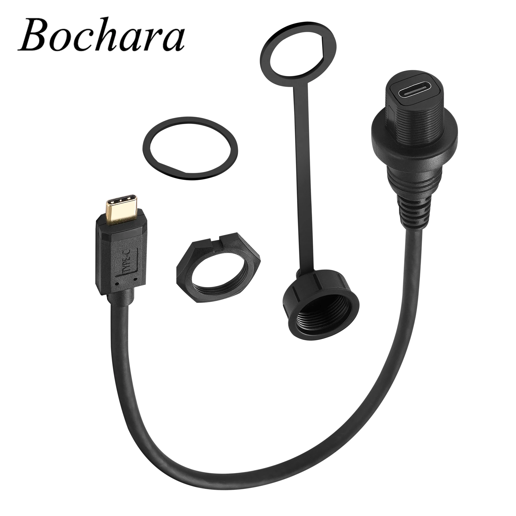 Bochara Dashboard USB Type C 3.1 Male to Female Flush Panel Mount Extension Cable For Car 30cm Gold Plated