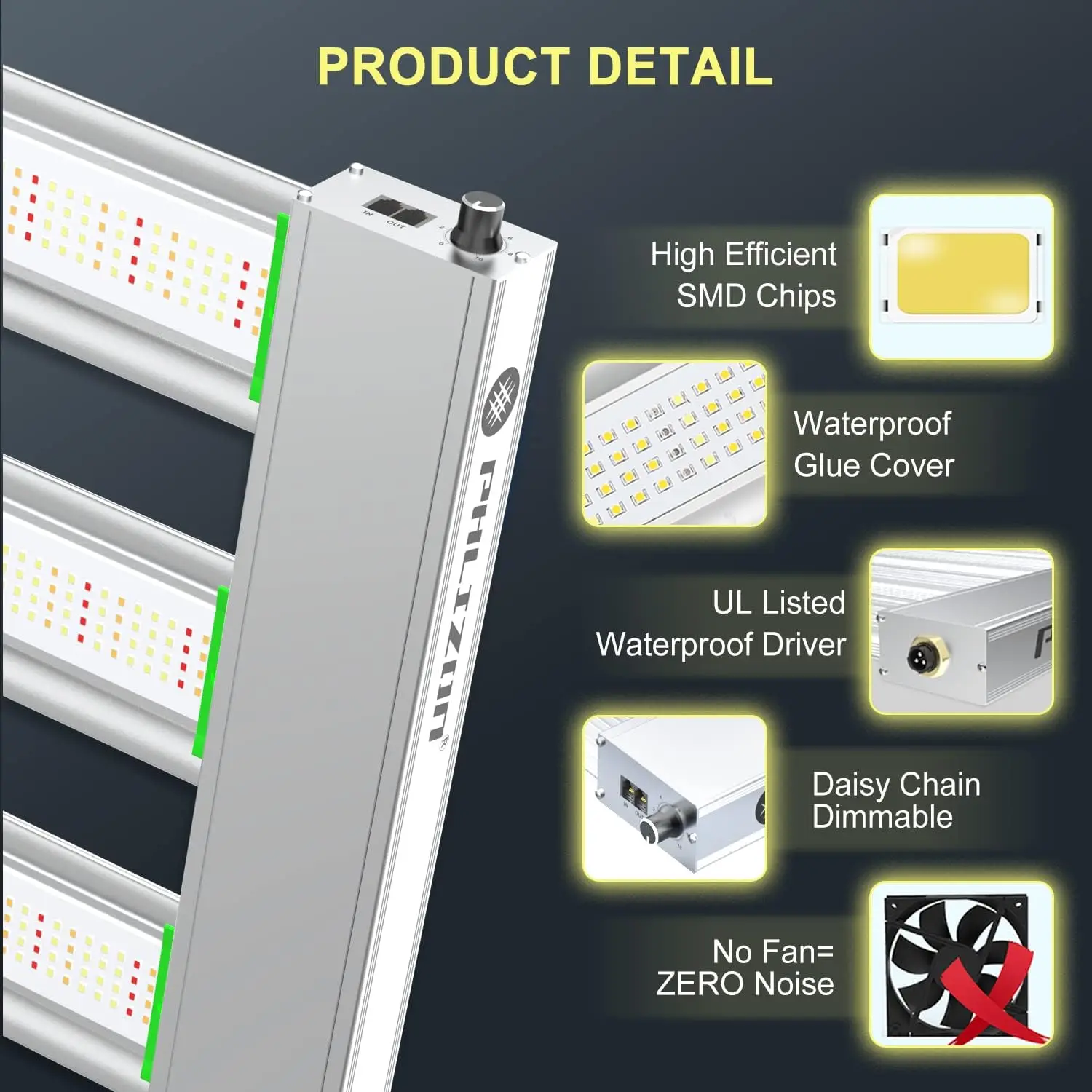 Lampu Grow LED สเปกตรัมเต็มรูปแบบพร้อม LED แบบ SMD 2.8 µmol/J dimmable Daisy Chain พืชเติบโต