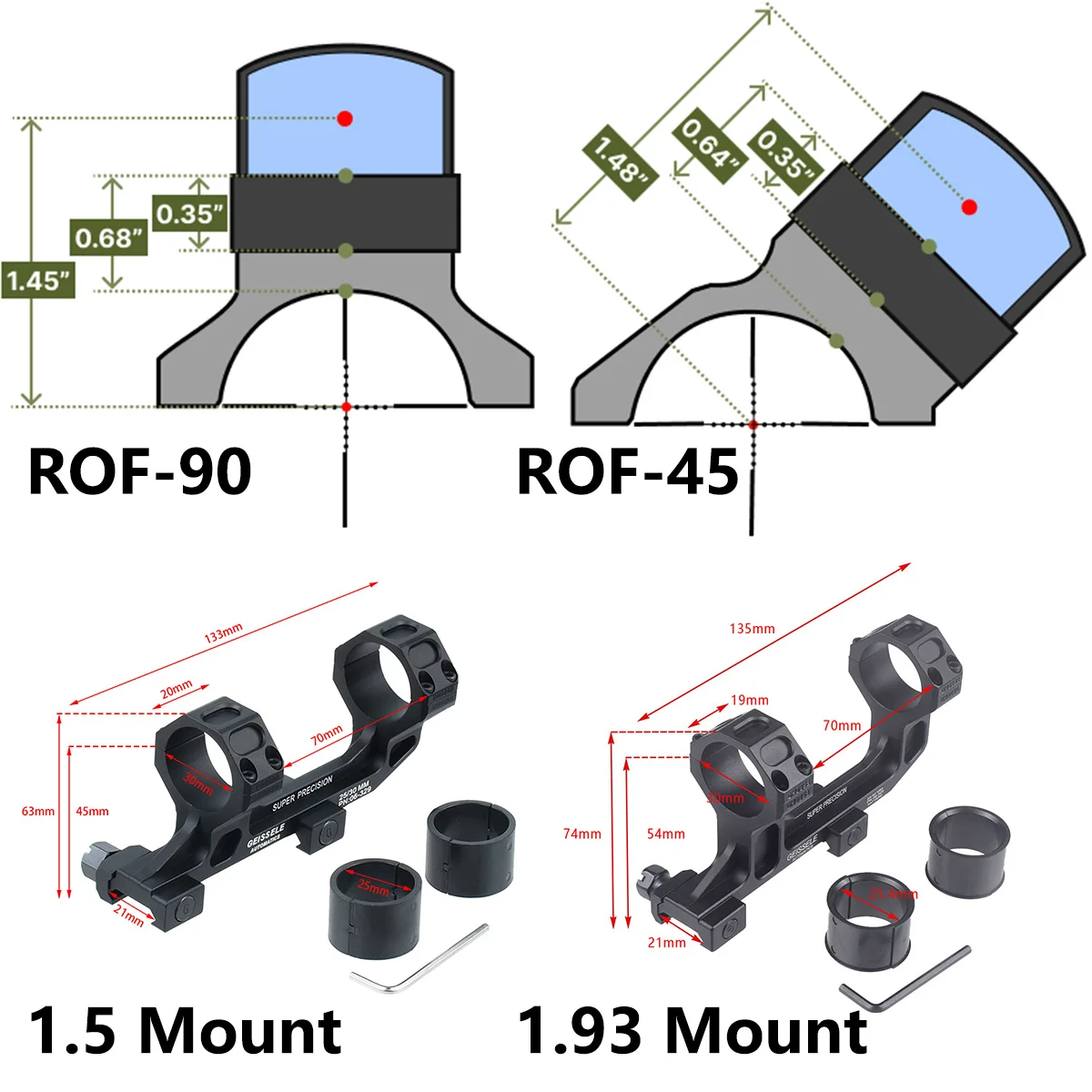 GEISSELE Super Precision AR15 Scope Mount 25.4mm 30mm Dual Rings With Reptilia ROF-90 ROF-45 30mm Mount For RMR Red Dot Sight