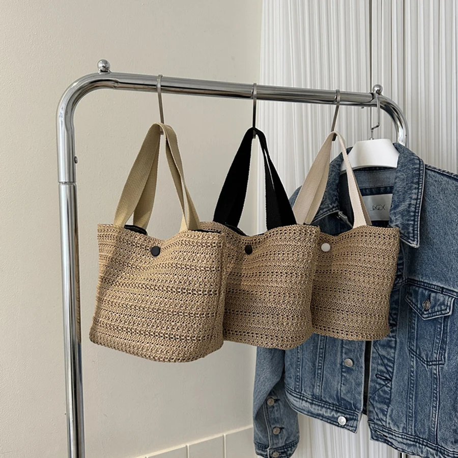 

Summer Small Straw Handbag Trendy Shoulder Bag Woven Bucket Hand Bag Casual Seaside Beach Bag Gilrs Handle Tote Shopper Purse