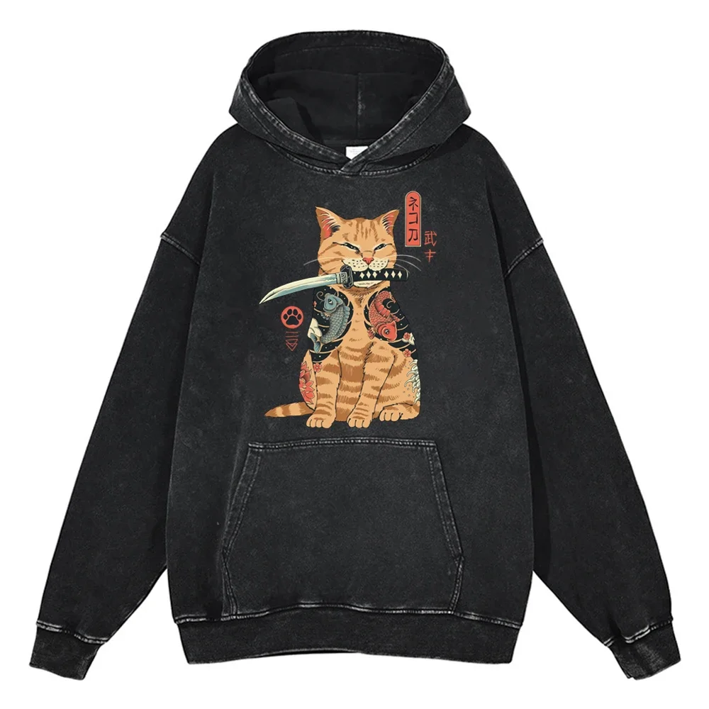 Sudaderas con capucha para hombre y mujer, ropa deportiva con estampado de gato samurái, Estilo Vintage, 100% algodón, informal, Hip Hop, Y2K