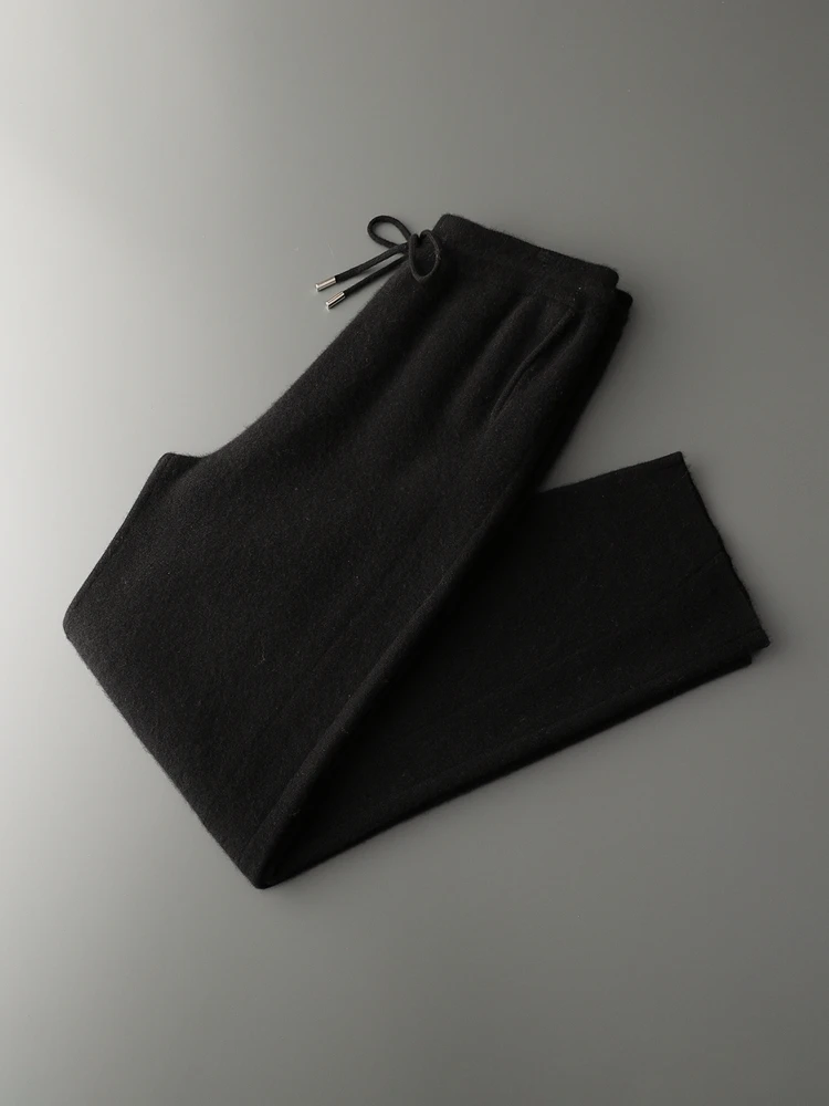 Men's Cashmere Wide Leg Pants Elastic Waist Drawstring Trousers Autumn Winter Thicken 100% Cashmere Knitted Casual Banana Pants