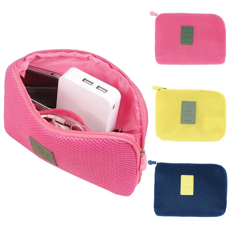 Fashion Travel Zipper Cosmetic Bag Women Casual USB Data Cable Headset Earphone Solid Color Large Capacity Organizer Makeup Bags