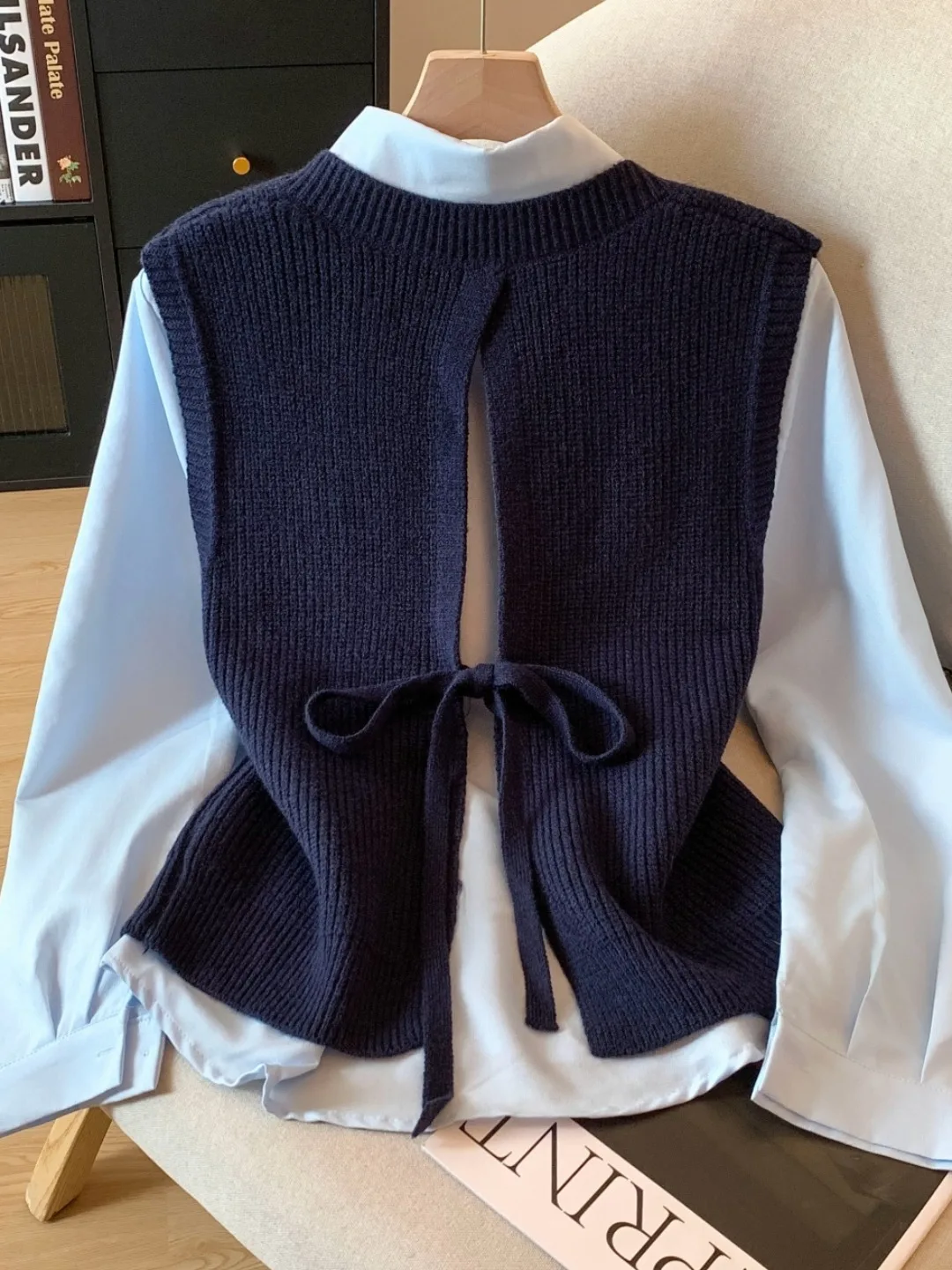 秋の新作 Sle レディース ロングスリーブ カラーニットベスト イレギュラーVネック ツーピースセット オリジナルデザイン ストレートカット