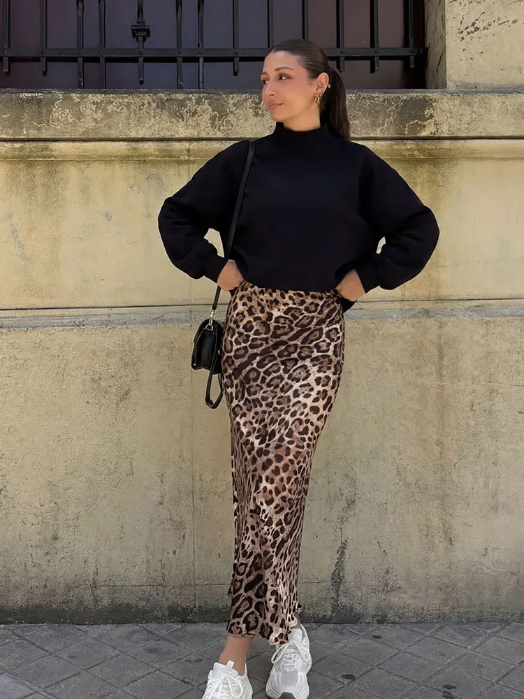 HH Elegant Leopard Print Satin Maxi Skirt for Women, High Waist A-Line Flowy Long Skirt, Casual Party Summer Streetwear