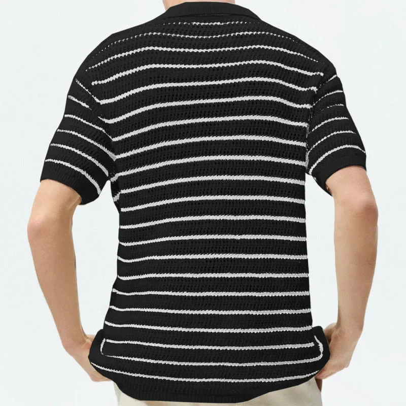 Sexy Hollow Men\'s Knitted Polo Shirt T-shirt Hollow Breathable Knitted T-shirt Top Striped Color Contrast Business Casual Jumper