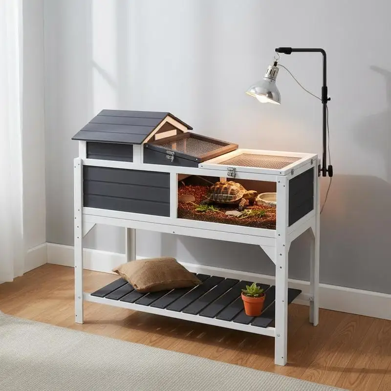 

Wooden Tortoise Enclosure, Tortoise Tank w/ Adjustable Lamp Holder, Openable Lid, Removable Main House - Grey