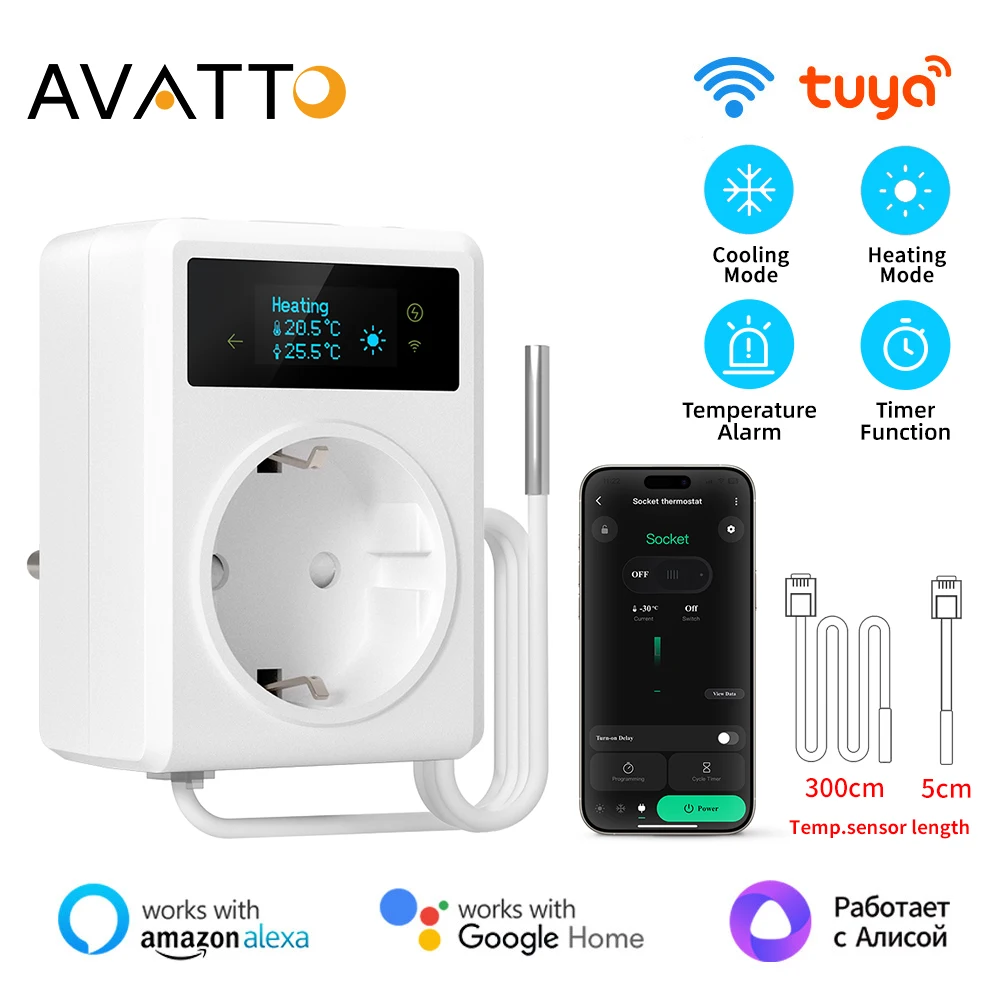 

AVATTO Tuya WiFi Thermostat Socket,16A Outlet Plug Remote Temperature Controller Timer Switch Cooling & Heating 3M NTC Sensor
