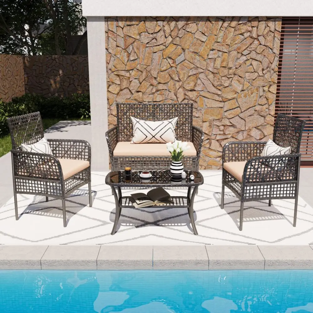 

4-Piece Outdoor Patio Set: PE Rattan Chairs, Glass Table & Cushions for Backyard, Pool/Lawn