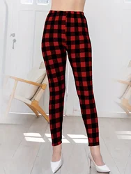 Women Fashion Plaid Printed Long Pants Casual High Waist Pencil Pants Ladies Elegant Slim Long Pants