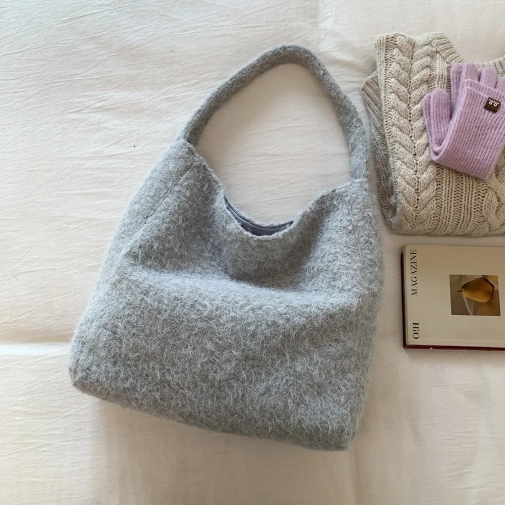 

Casual Versatile Women Handbag Retro Solid Color Woolen Tote Bag Large Capacity Shopping Bag for Women