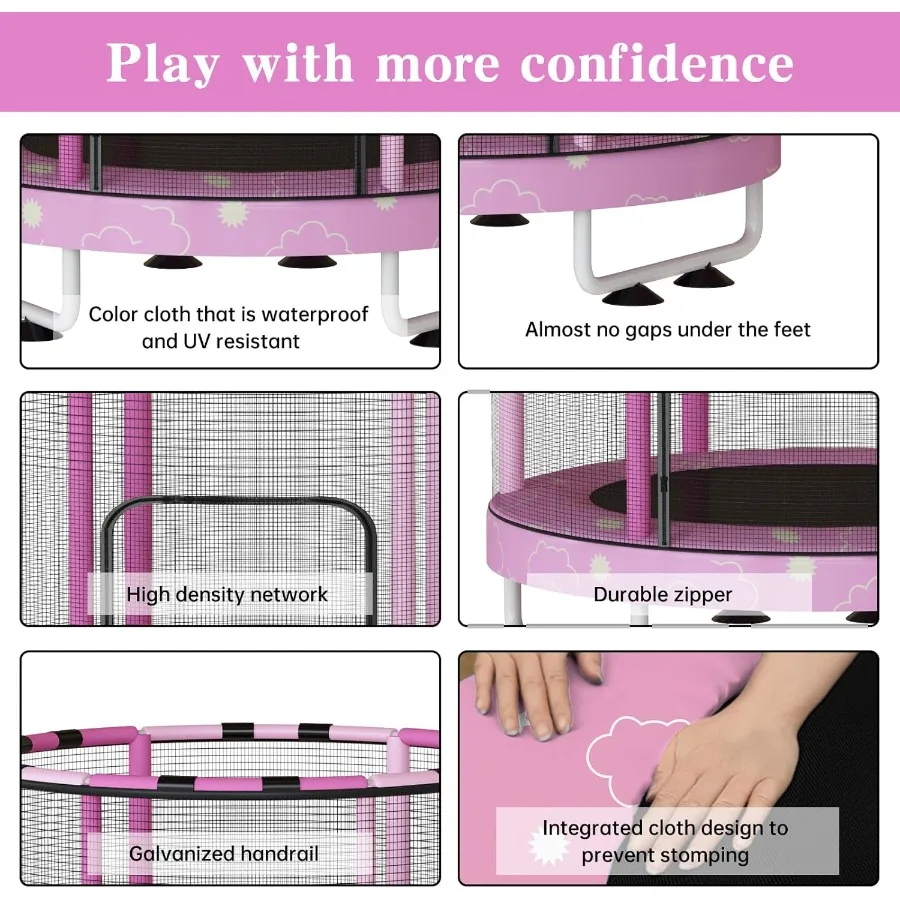 Trampolina okrągła 55 cali 7-w-1 dla dzieci w wieku 1-8 lat, do użytku wewnątrz i na zewnątrz, z regulowaną wysokością, poręczą, zamkniętą siatką ochronną, wytrzymała stalowa konstrukcja.
