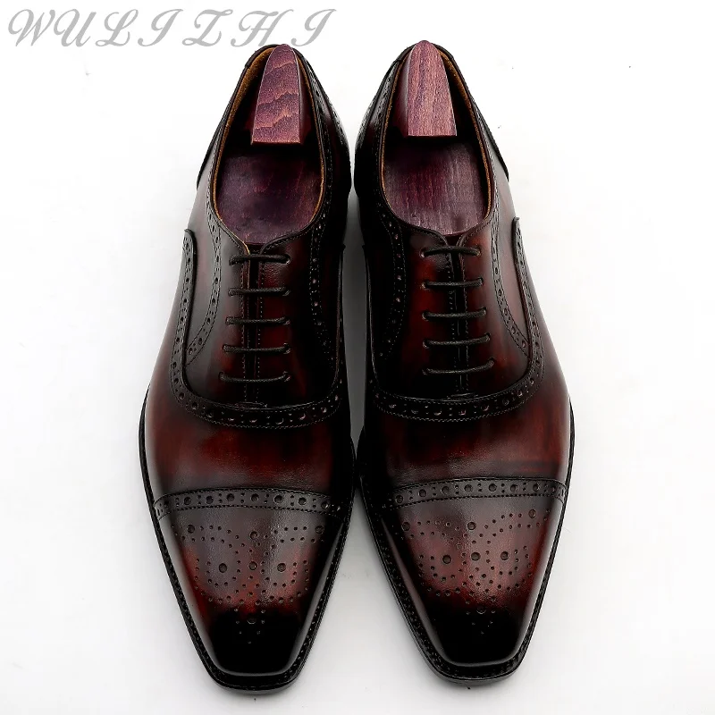 Burgundy Carved Men\'s Leather Shoes Formal Business Versatile Daily Men Shoes Genuine Leather Breathable British Oxford Shoes