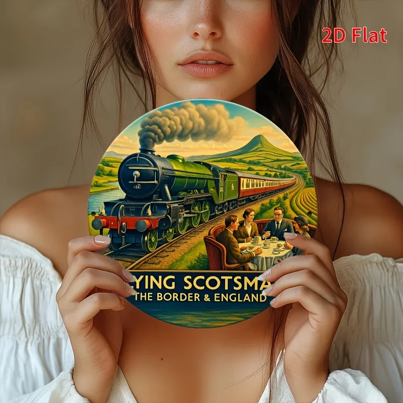 2D Flat, 1pc 8x8 Inch (20x20cm) Flying Scotsman Vintage Aluminum Wall Art - Round Retro Train Tin Sign with Scenic Landscape & D