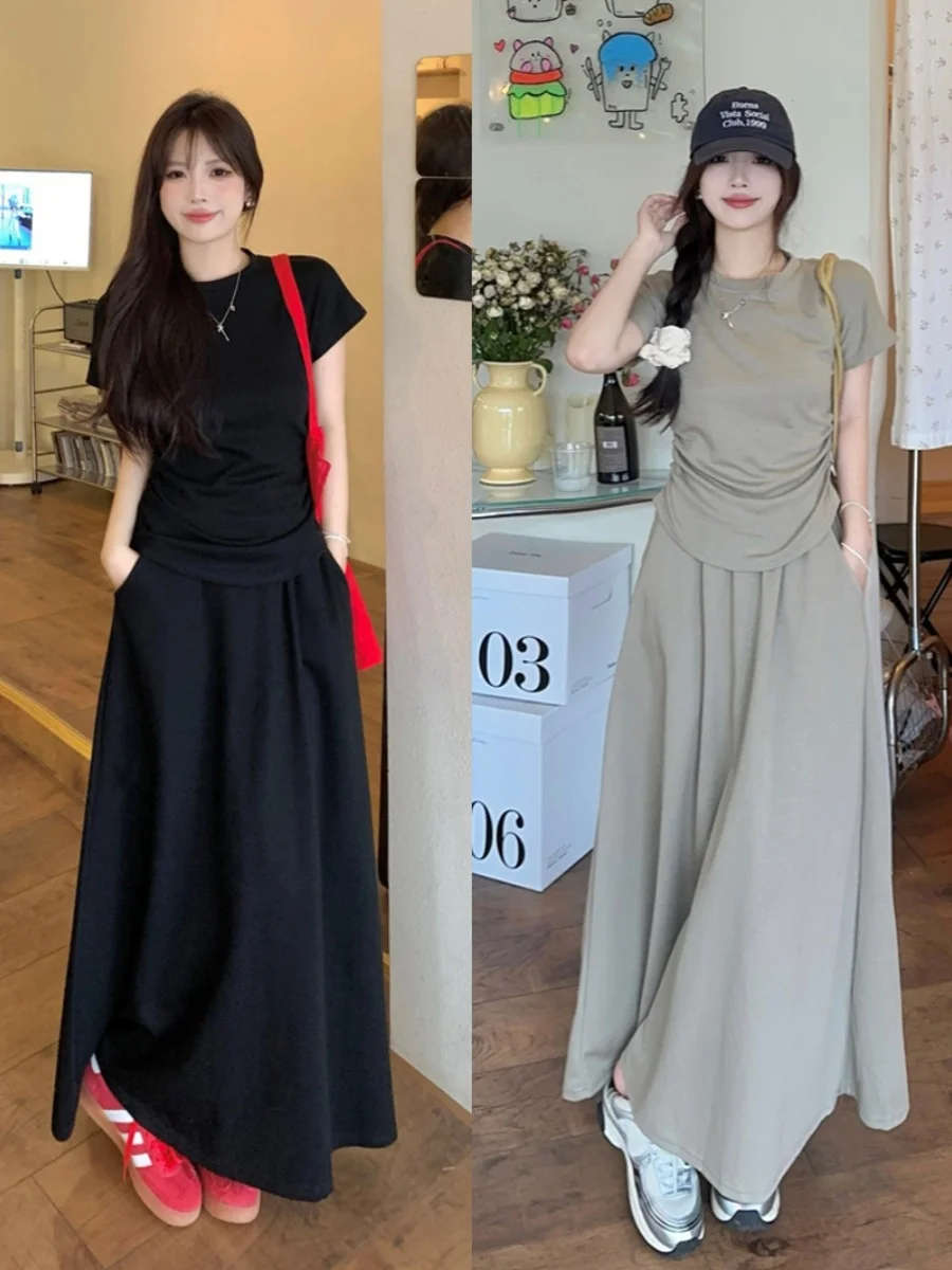 

Fashionable plus Size Set Women's Summer Pleated Short Sleeve T-Shirt Top High Waist Draped Slimming Half-length Two-piece Set