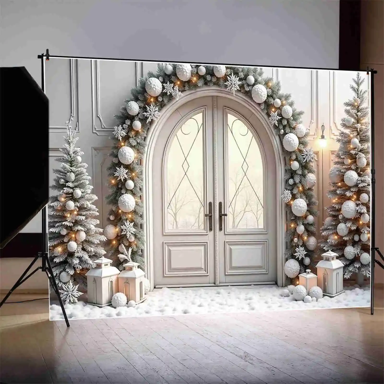 MOON.QG Snow Winter Christmas Tree Old Brick Fireplace Background 2025 Pine Balls Wreath Gifts Photography Photo Studio Backdrop