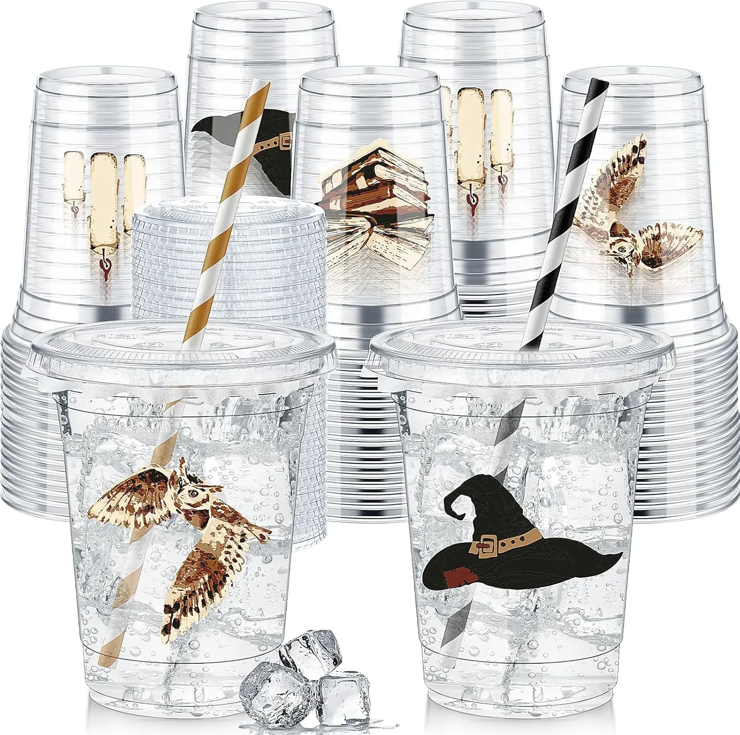 

50 Pcs Magical Wizard Cups 12 oz Disposable Cups with Straws Lids and Leakproof Paper Christmas Clear Vintage Wizard Bir