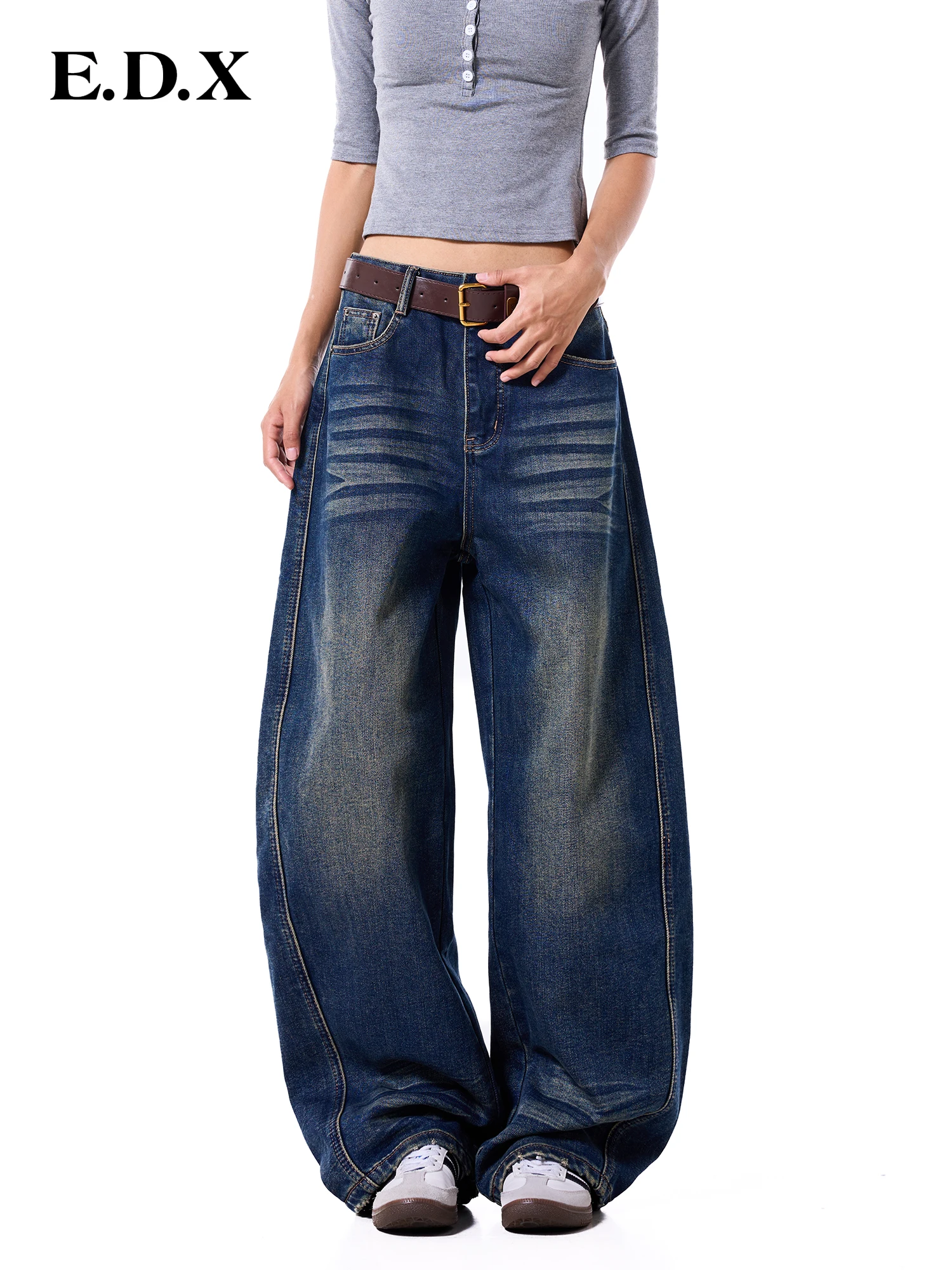 High Waist Fleece Lined Wide Leg Denim Jeans Women's American Retro  Floor Length Pants Autumn Winter New Style Blue