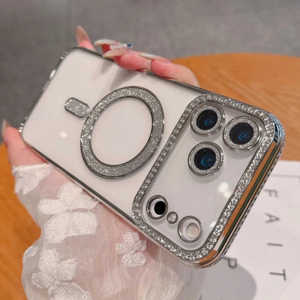 

New Bling Glitter Diamond Transparent Magnetic Case For iPhone 17 Air 16E 16 15 14 Plus 13 11 12 16 17 Pro Max Protector Cover