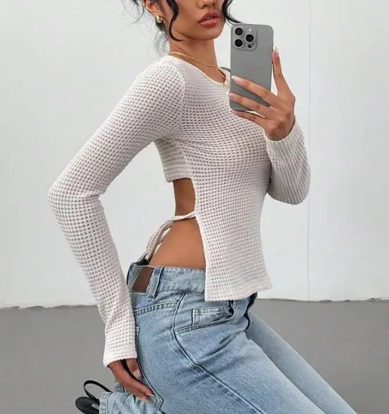 

Top Women 2026 Spring Autumn New Solid Color Round Neck Long Sleeve Casual Versatile Hollow Out Back Basic T-Shirt Top