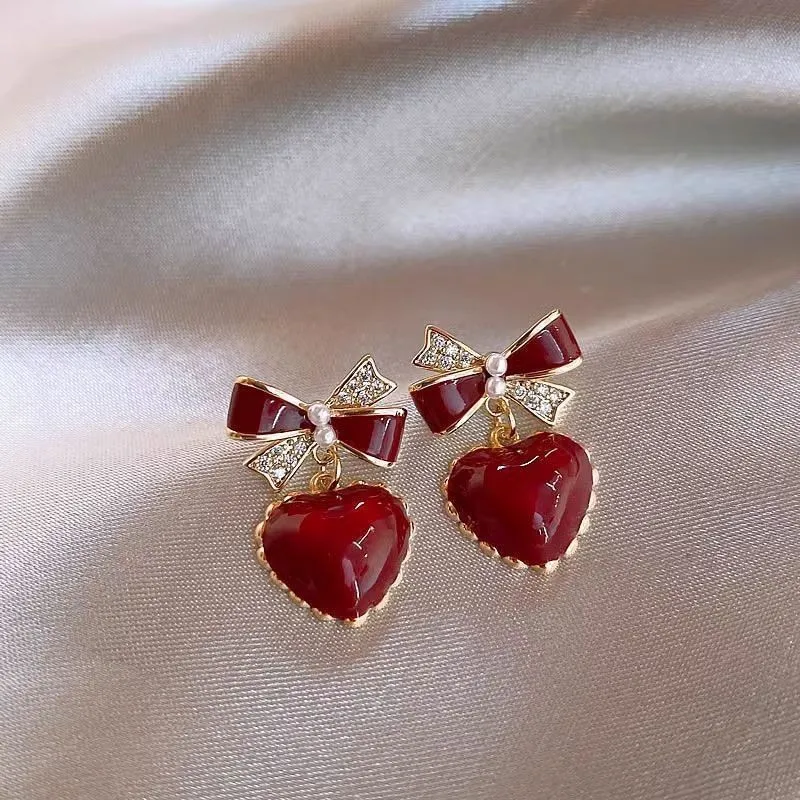 Korean Rhinestone Bowknot Drop Earrings for Women Cute Ghost Red Flocking Bow Hair Ball Christmas Earring Girls Party Jewelry