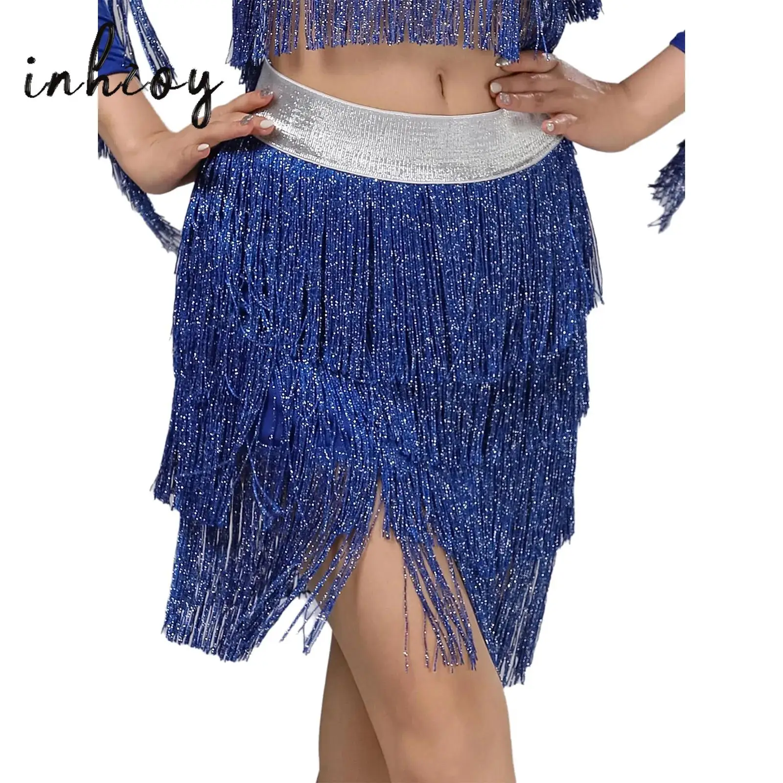 المرأة شرابة اللاتينية التانغو تنورة رقص لامعة مطاطا حزام المتدرج هامش سوينغ تنورة ل تشاتشا رومبا السامبا ملابس رقص