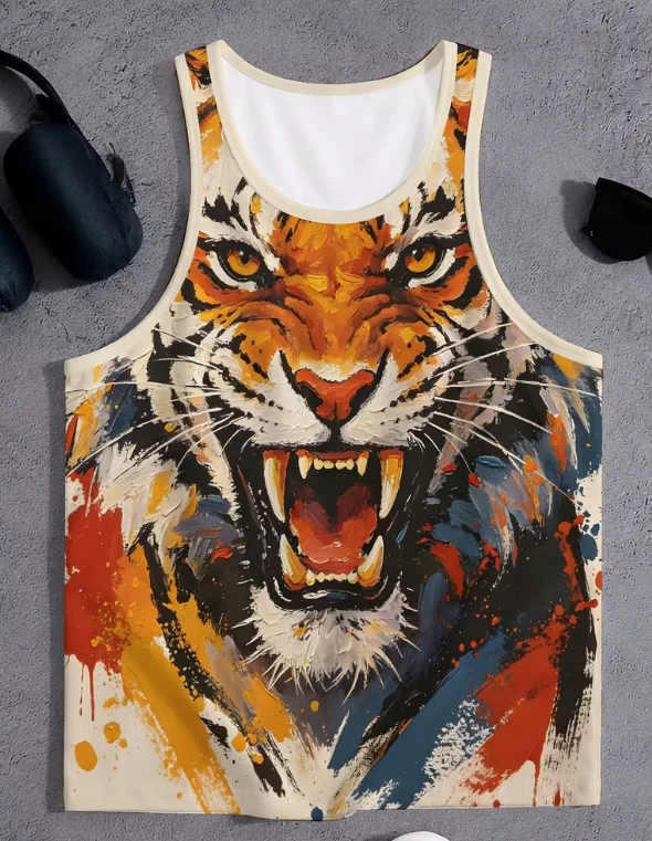 2026 New Men's Vest Tiger Fierce Sleeveless Gym Fitness T-shirt Summer Casual Streetwear Muscle Adult Loose Vest