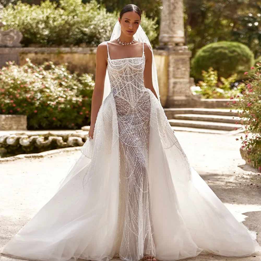 

Elegant Square Collar Beaded Sparkling Wedding Dress Pearl Sexy Two Piece Set Mermaid Wedding Dress Detachable Train Tank Custom