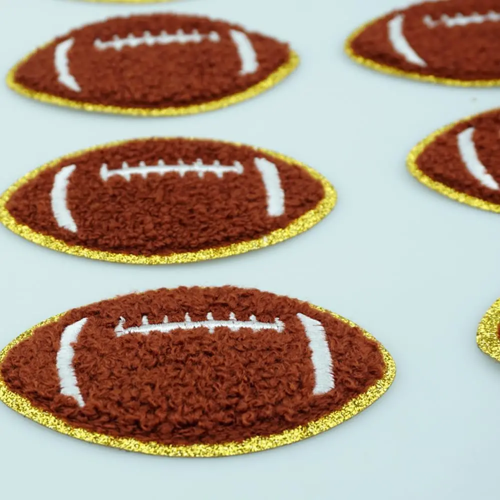 4 PCS Football Patch Chenille Football Iron on Patches Gold Edges Football Embroidered Patches for DIY Craft Sew Making Clothes