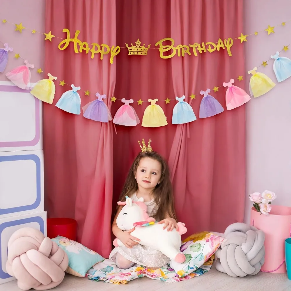 Pastellfarbenes Prinzessinnenkleid Happy Birthday Banner Glitzer Gold Sterne Hängende Papiergirlanden für Mädchen Übernachtungsparty Geburtstagsdekoration – Detail 3
