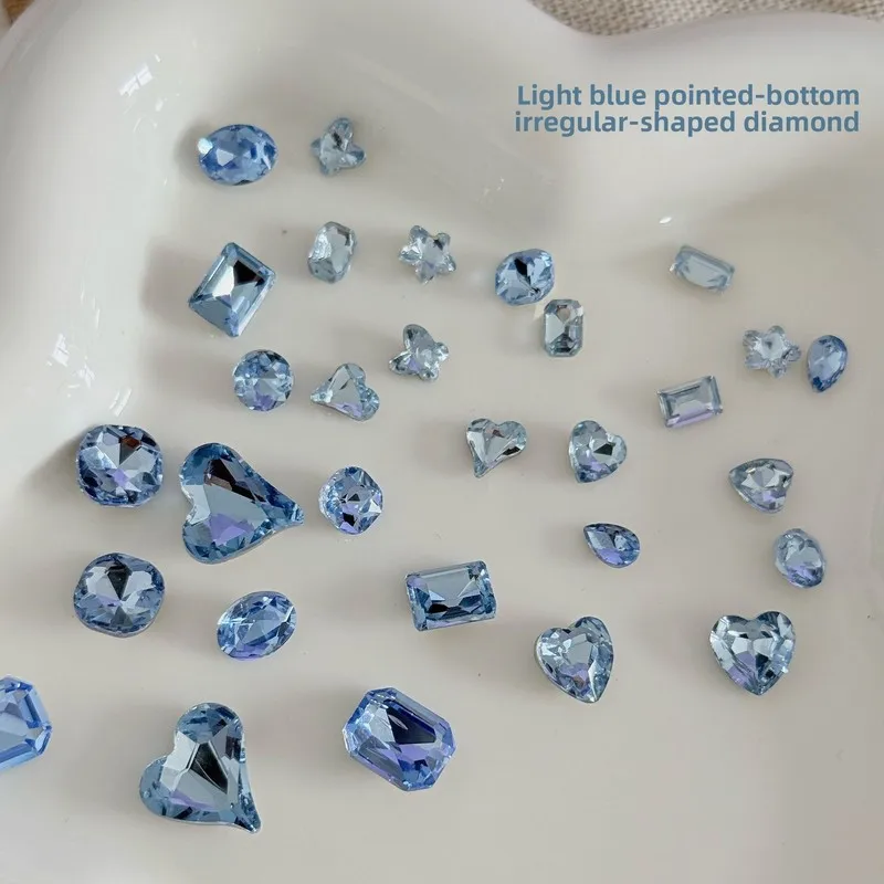 20pcs Blue Pointed Back Rhinestone Nail Charms Super Shiny Heart Sugar Cube Starfish for Press On Nails Cluster Accessories