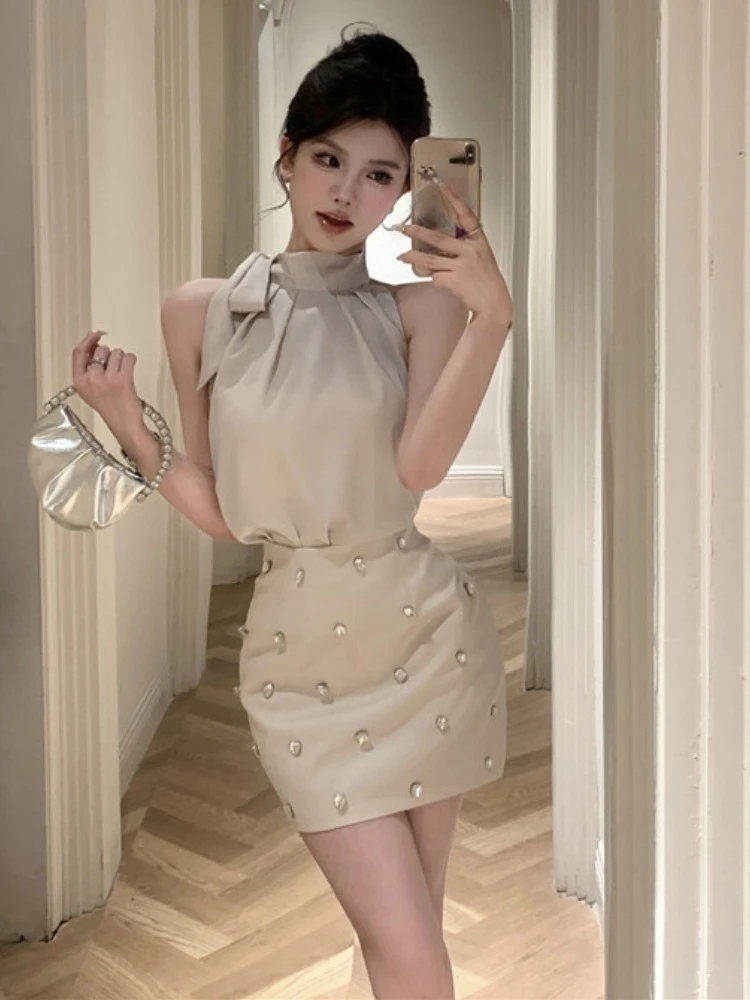 Summer Women 2 Piece Skirt Sets Sexy Summer Strapless Bandage Sleeveless Blouses Office Lady Mini Skirts Korean Chic Y2k Suit