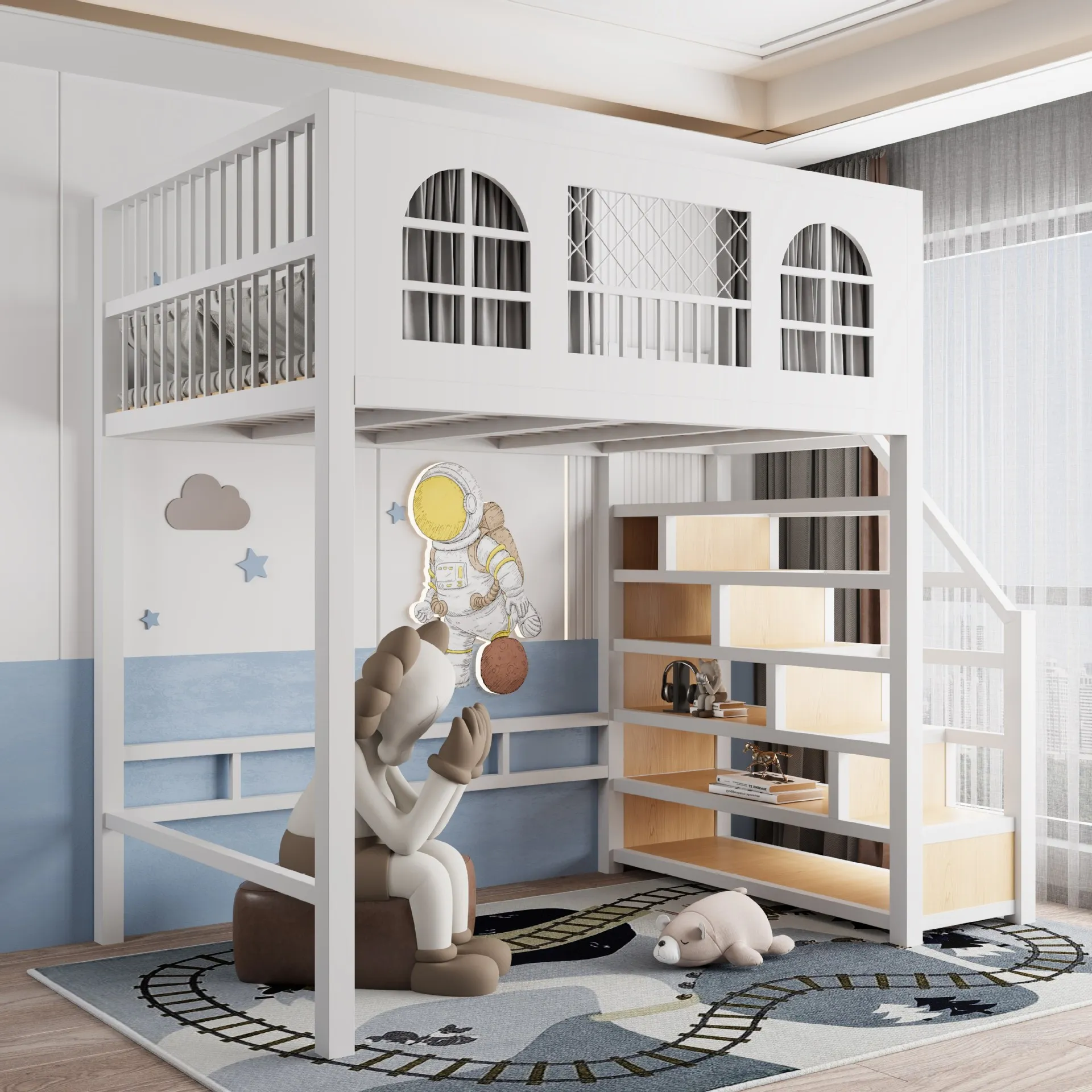 Small apartment duplex children's upper bunk wrought iron loft double-layer multi-functional iron bed