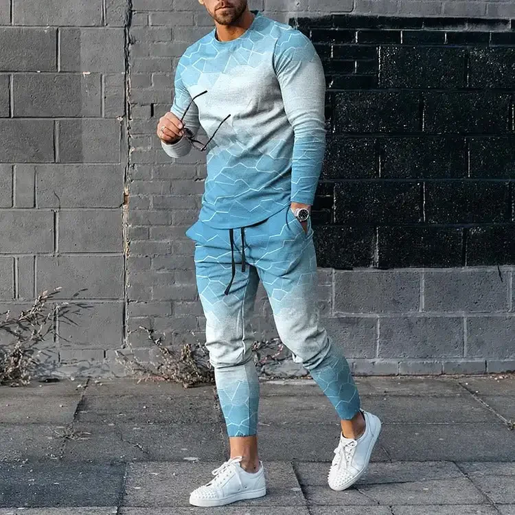 Camisetas y pantalones de manga larga para hombre, conjunto de dos piezas con estampado geométrico en 3D, traje informal, nike tech, forro polar