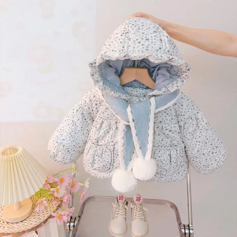 Kawaii Casual Coat Tops Fashion Children S Clothing 2025 New Winter Baby Girl Fleece Lined Cotton Coat Kids Hooded Warm Down