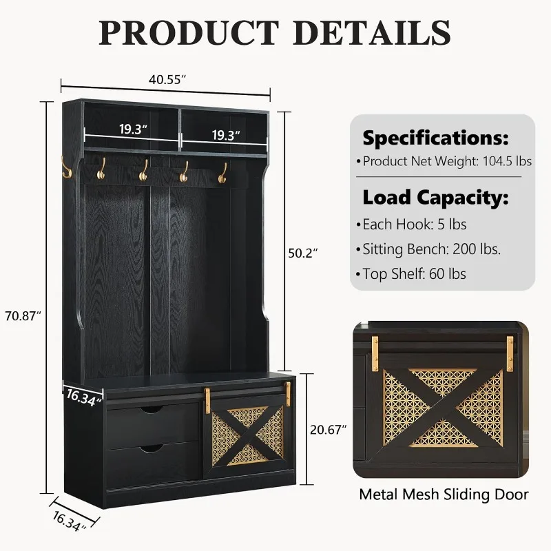 شجرة قاعة المدخل مقاس 71 بوصة مع رف معطف ومقعد تخزين، شجرة معطف مع خطافات للمدخل، المدخل، غرفة المعيشة #6