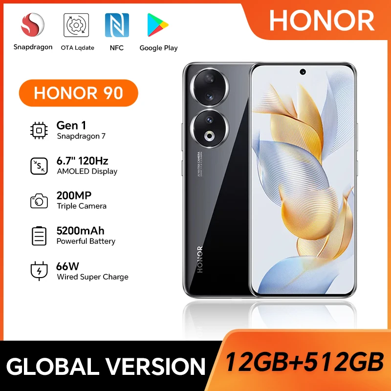 HONOR 90 5G, 12GB+512GB, 6.7” Amoled Screen, Blue/Silver/Green, 200MP Triple Camera, Fast Charge, Android Smartphone