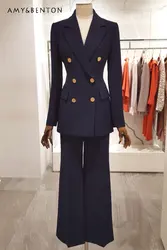 Autumn New Fashion Slim Waist Temperament Commute Double Breasted Suit Jacket + Cropped Pants Two Piece Set Women's Outfits