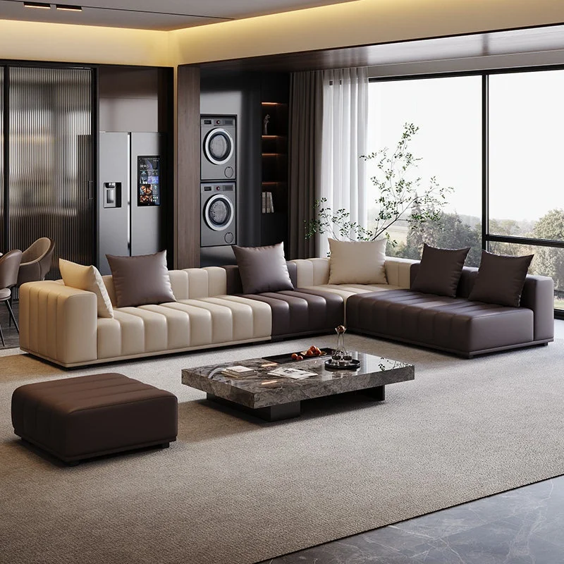 #Italian Minimalist Piano Key Reclining Sofa Genuine Leather Cat Scratch Resistant L-Shaped Sectional Pillow Back Living Room
