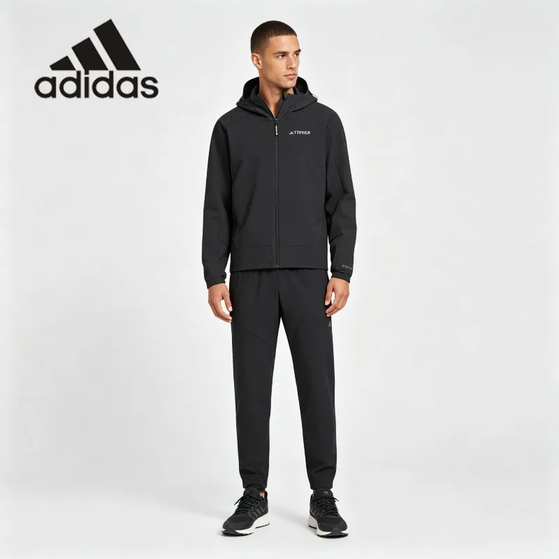 Adidas  Hooded Wind Tracksuit Light Quick Dry Windproof Jacket & Tapered Joggers for Gym Running One Set JE8282 + HF8985