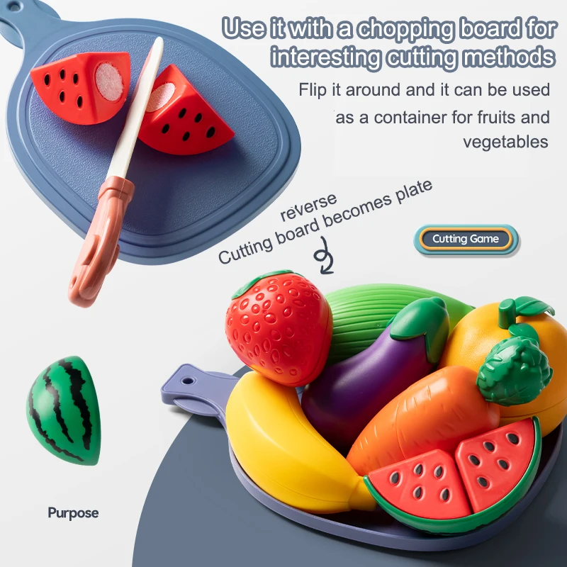 Juguete de frutas y verduras cortables, accesorios de cocina con cuchillos y tablero, juego de comida de imitación, juego de corte de comida para niños