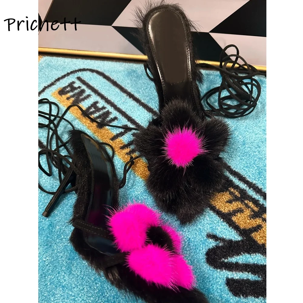 

Black Rose Flower Sandals Ankle Band Lace Up Soft Furry Pointy Toe Thin Heels Slippers Women's Fashion Patchwork Lovely Shoes