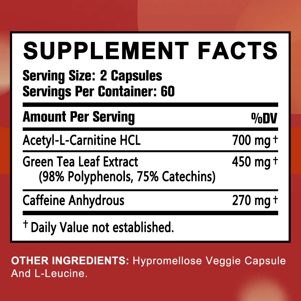 Acetyl-l-carnitine, Green Tea Extract and , Support Fat Burning, Metabolism, Improve Mood, 30/60/120 Capsules