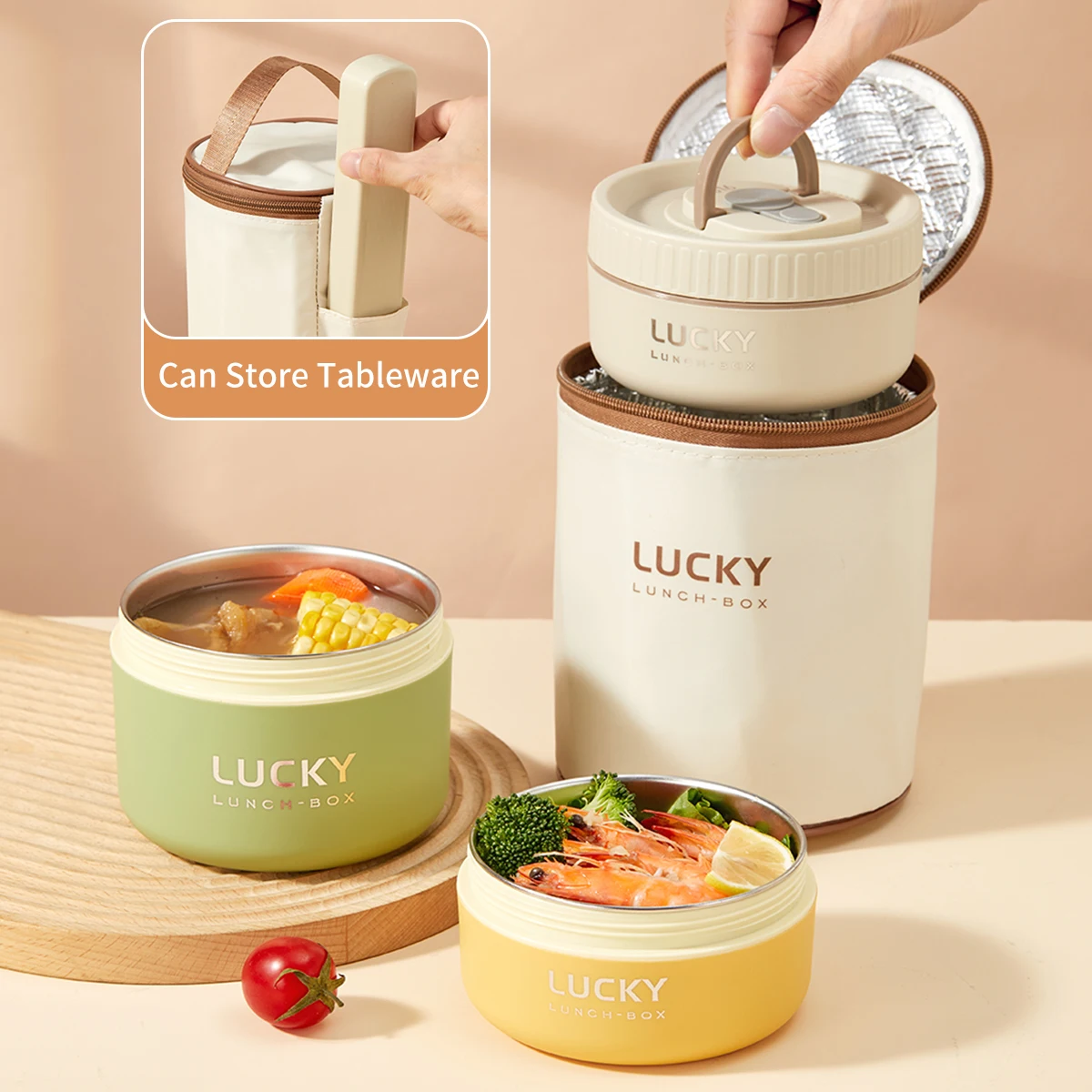 WORTHBUY Insulated Bento Lunch Box With Tableware Microwave Safe Portable 304 Stainless Steel Food Storage Container Stackable