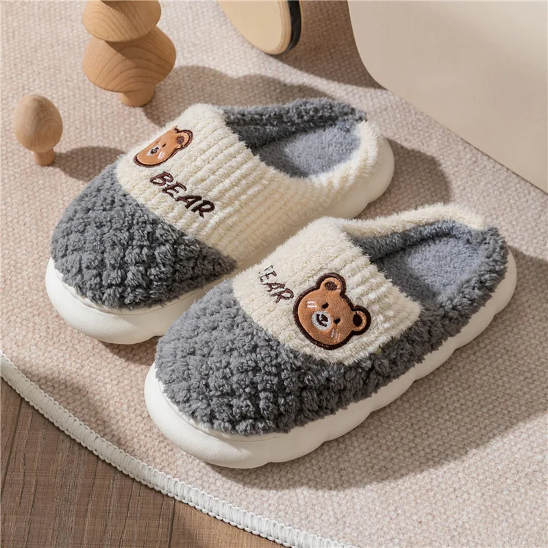 New Children\'s Fall And Winter Cotton Slippers Padded Warm Thick Bottom Middle Child Big Boy Cartoon Bear Comfortable Slippers