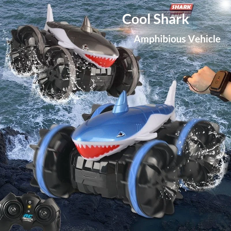 2.4G Dual Control Amphibious RC Car Shark Stunt Car Water Land Remote Control Wrist Watch Kids Electric Model Toy