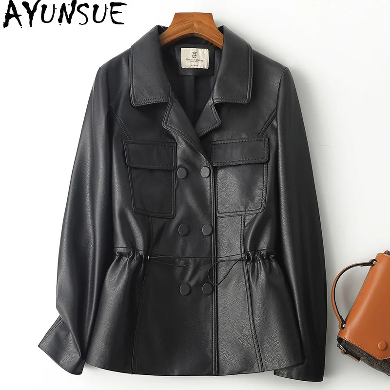 AYUNSUE หนังแกะจริงแจ็คเก็ตหนังผู้หญิงสั้นใหม่ใน Outerwears แฟชั่นฤดูใบไม้ร่วงเสื้อผ้า 2024 ผู้หญิง Slim 