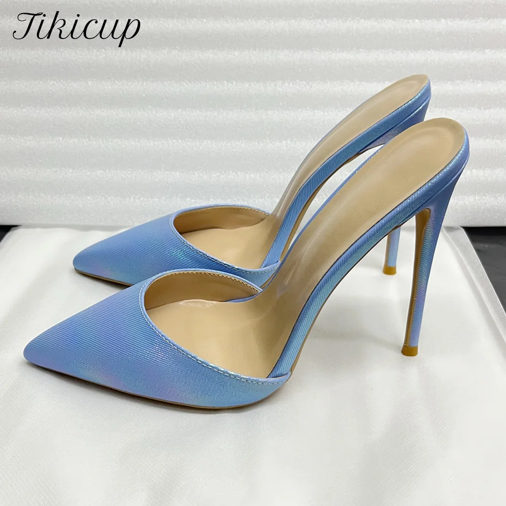 

Новинка 2024 года, летние пикантные блестящие синие тапочки на очень высоком каблуке 12 см, закрытые шлепанцы с острым носком, женские дышащие сандалии для вечеринок