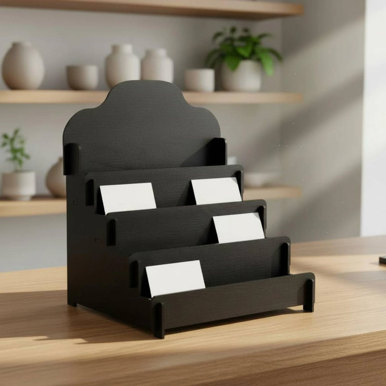 stepped-display-stand-black-wooden-display-stand-wood-brochure-rack-matte-finish-slanted-card-holder-freestanding