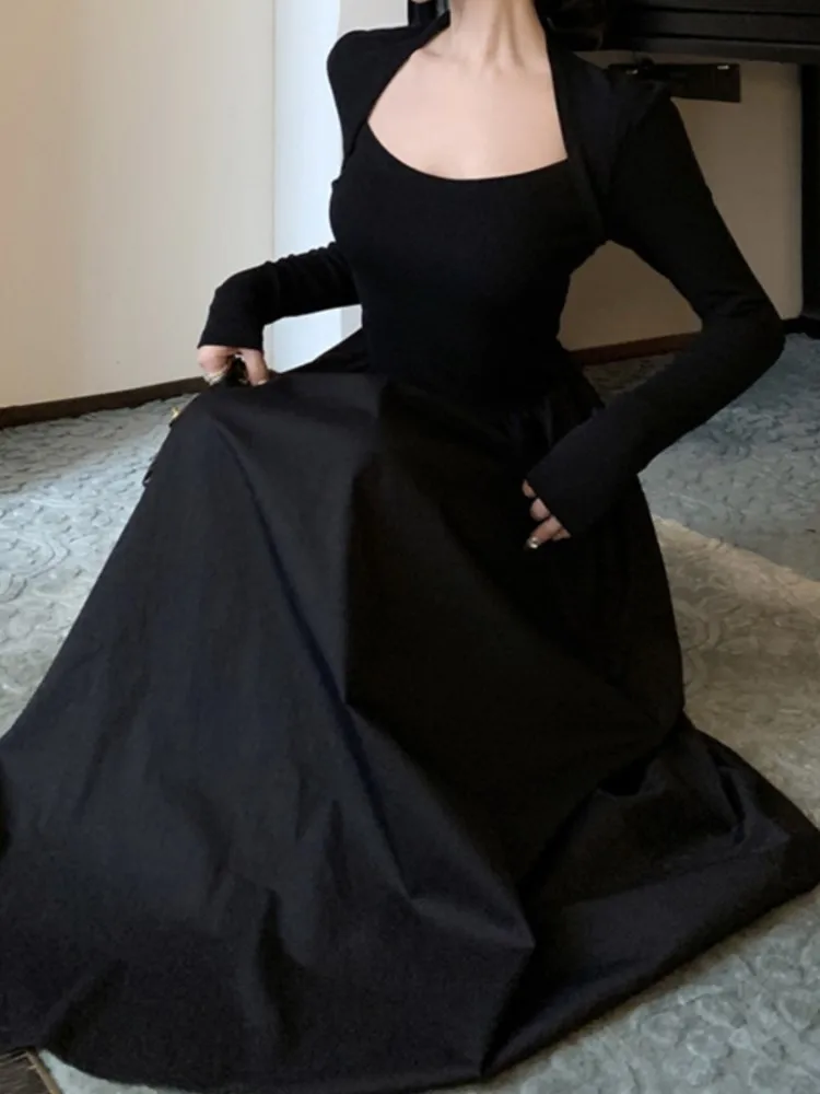 Elegant Casual Women Black Dress Vintage A-Line Solid Chic Party Birthday Prom Clothes Female Fashion New Vestidos Robe